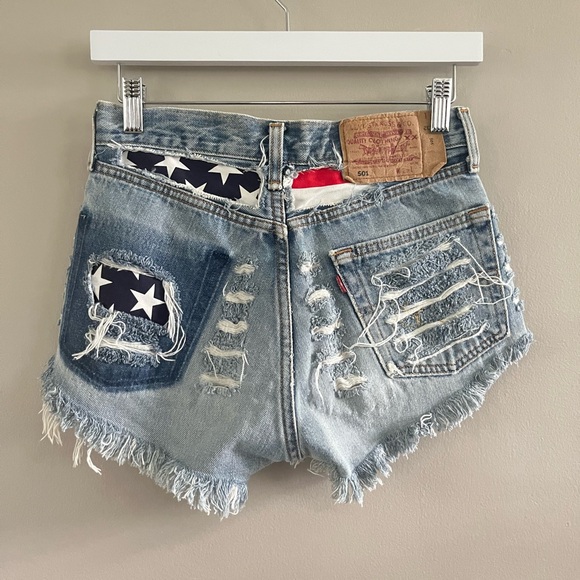 Vintage Levi 501 Cut‎ Off Denim Shorts Distressed American Flag USA - - Picture 1 of 8